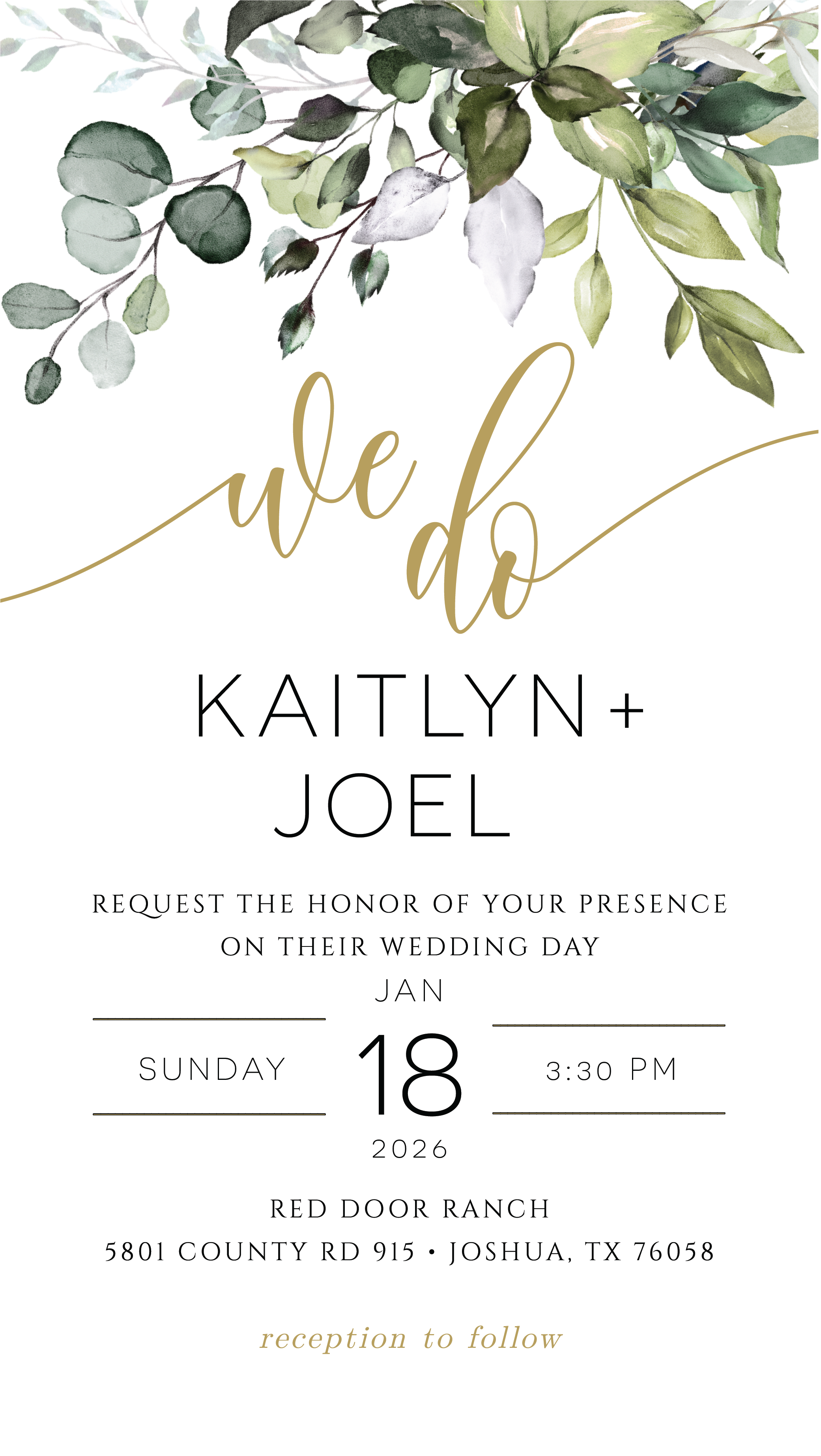 Page one of Kaitlyn and Joel wedding invitation